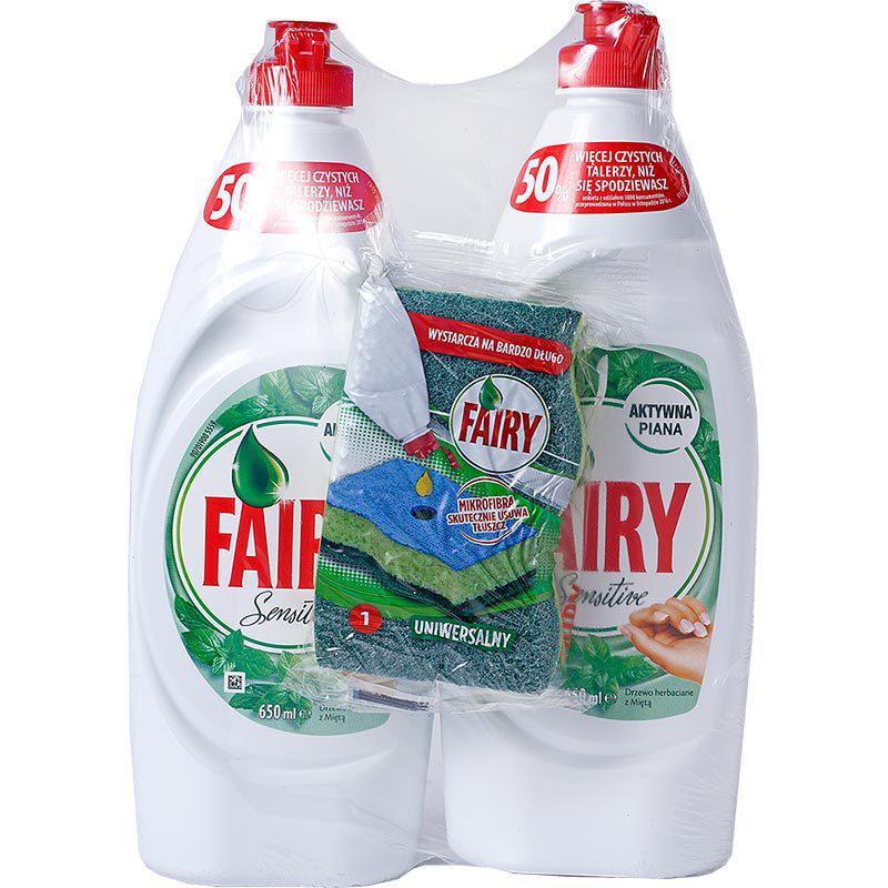 Fairy Duo Sensitive płyn do mycia naczyń 2x650ml+gąbka - CzystySklep.pl