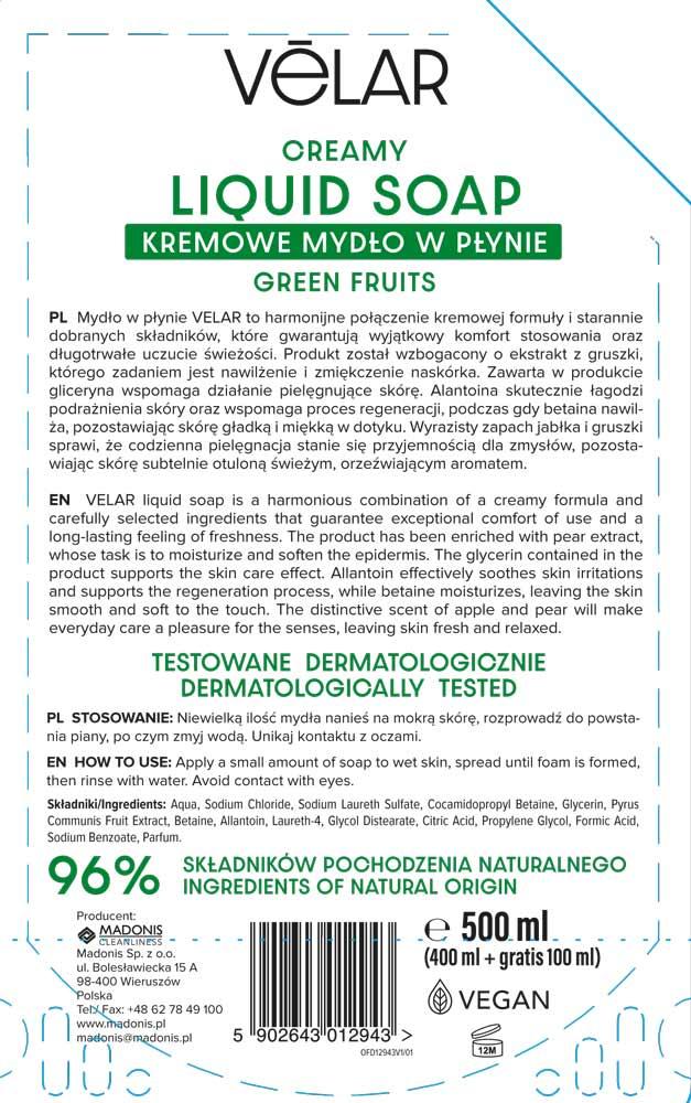 Velar zapas mydła w płynie 500ml Zielone Owoce