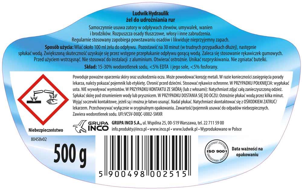 Ludwik hydraulik w żelu do udrożniania rur 0,5kg