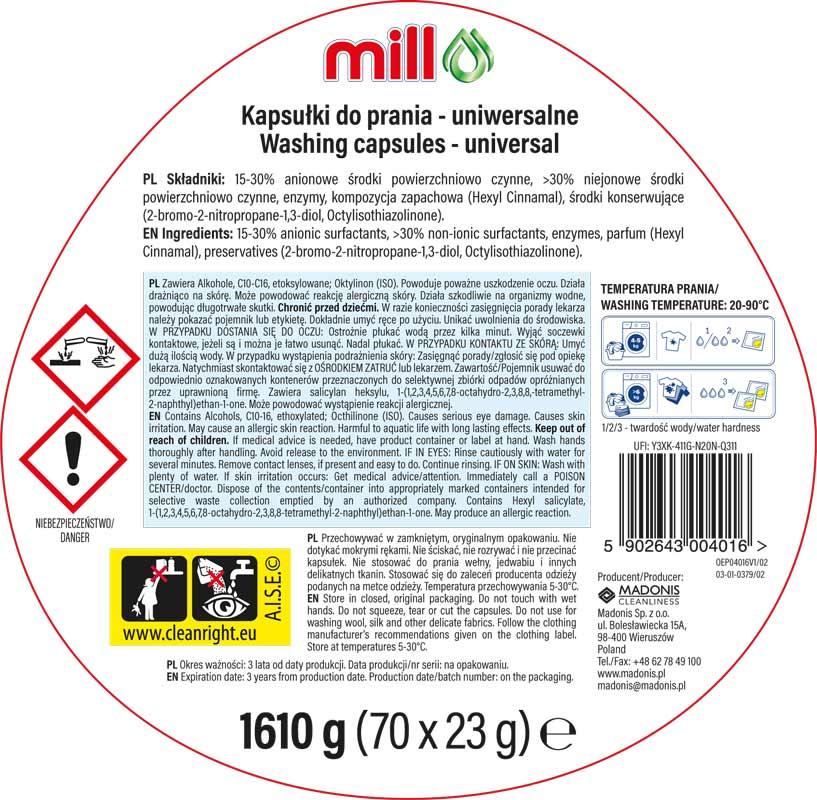 Mill Professional kapsułki do prania tkanin 70szt. Uniwersalne