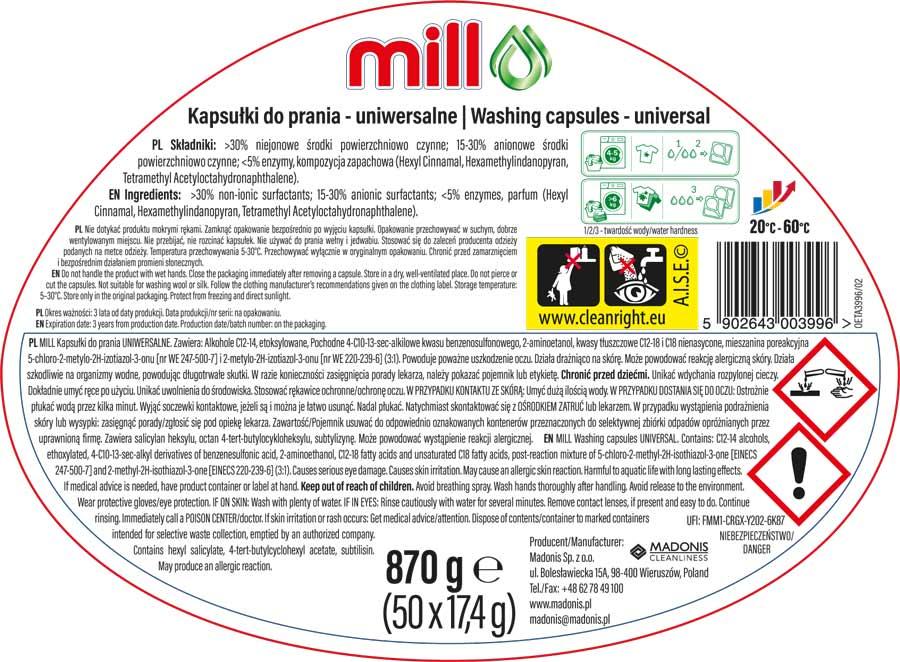 Mill Professional kapsułki do prania tkanin 50 sztuk Uniwersalne