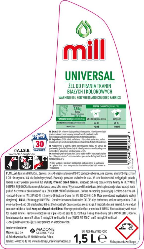 Mill żel do prania tkanin 1,5L Uniwersalny