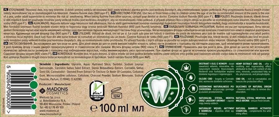 Bio Madent konopna pasta do zębów 100ml Węgiel Drzewny z Bambusa i Olejek CBD