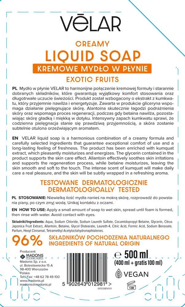 Velar zapas mydła w płynie 500ml Egzotyczne Owoce