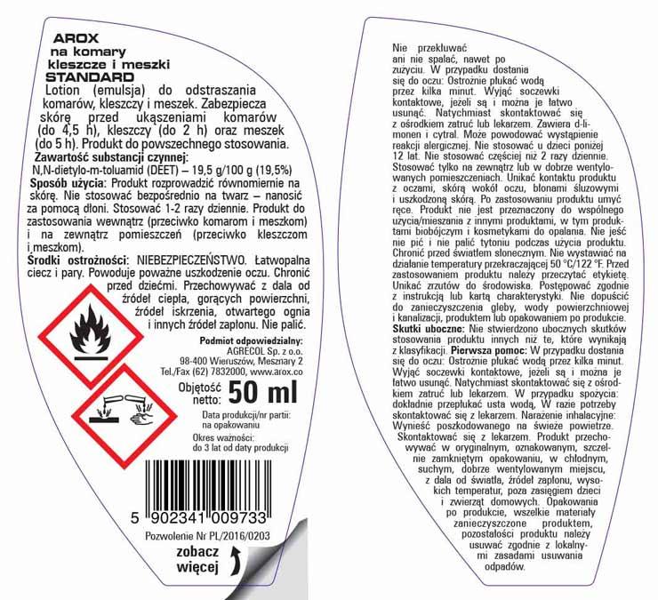 Arox preparat w żelu na komary i kleszcze STANDARD 50ml