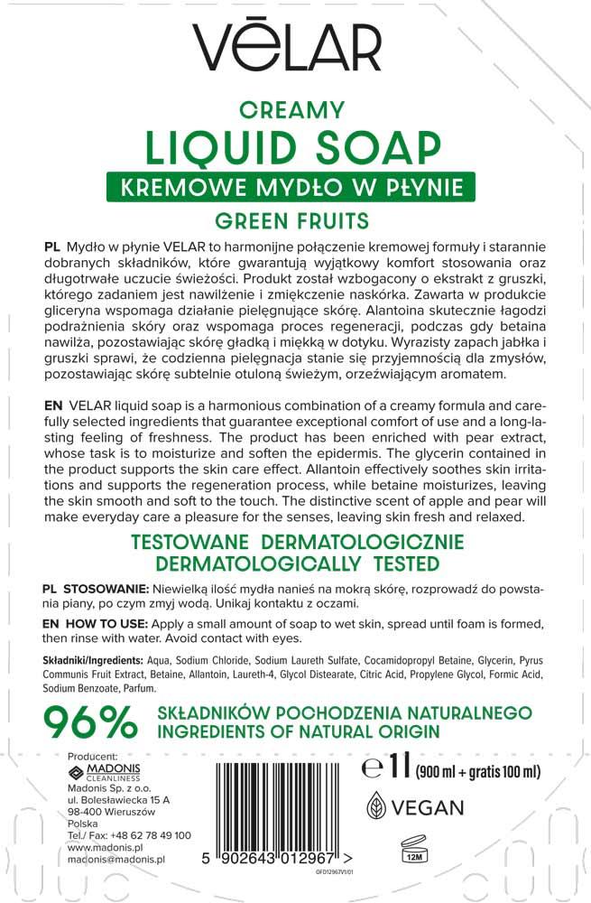 Velar zapas mydła w płynie 1L Zielone Owoce