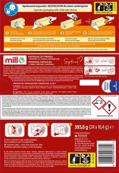 Mill kapsułki piorące 24szt. uniwersalne + perfumy do prania Sydney 