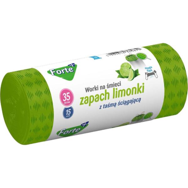 Forte+ worki z taśmą ściągającą moletowane 35L/15szt. zapachowe Limonka 