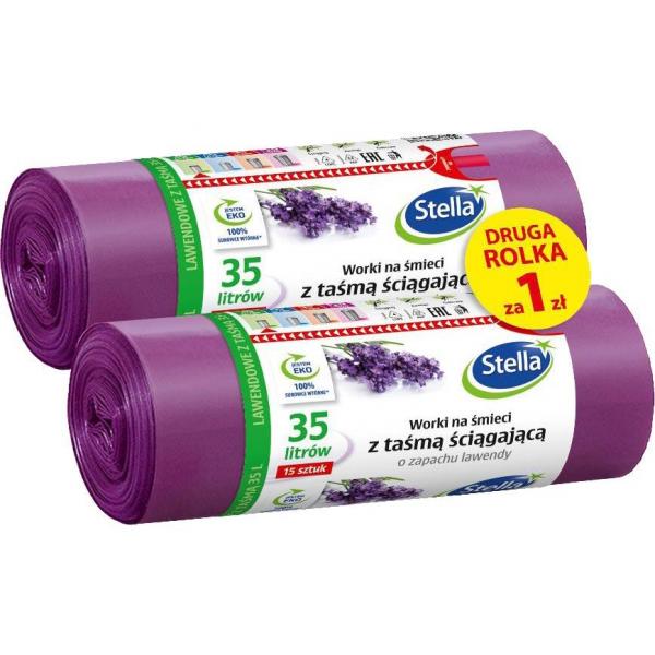 Stella worki LDPE z taśmą 35L/15szt. lawendowe +1 rolka za 1zł