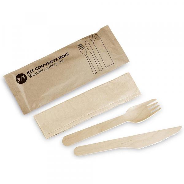 Zestaw sztućców drewnianych KITBOIS3 widelec+nóż+serwetka 100szt.