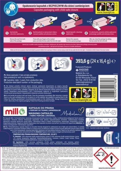 Mill kapsułki piorące 24szt uniwersalne + perfumy do prania Mediolan 