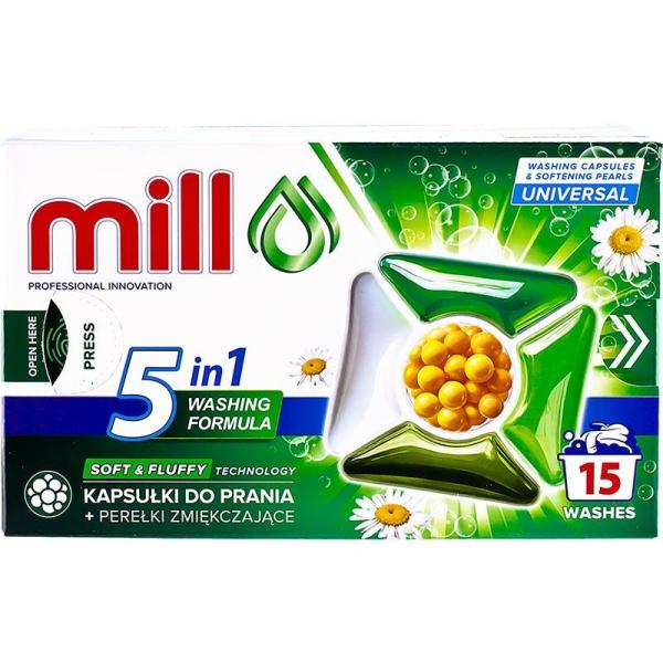 Mill kapsułki do prania + perełki zmiękczające 15szt. Universal 