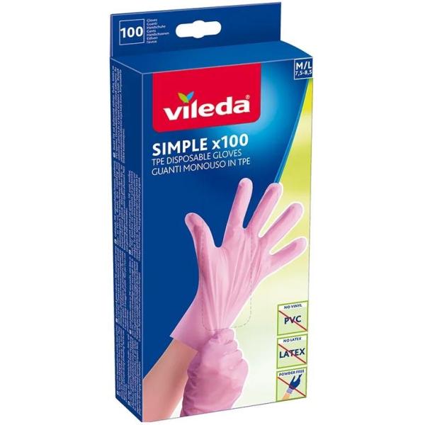 Vileda Simple rękawiczki niepudrowane TPE 100 sztuk różowe M/L