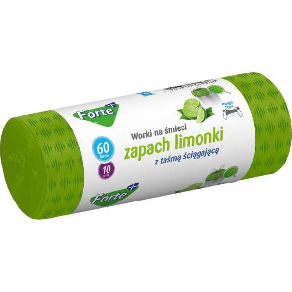 Forte+ worki z taśmą ściągającą moletowane 60L/10szt. zapachowe Limonka 