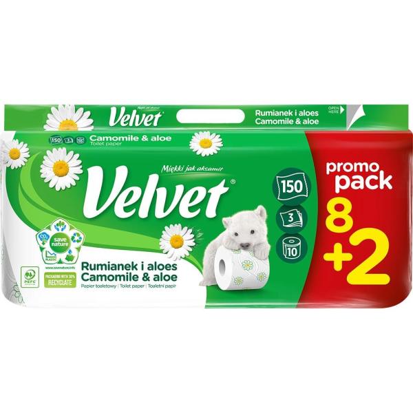 Velvet papier toaletowy trzywarstwowy 8+2 rolki 150 listków Rumianek i Aloes 