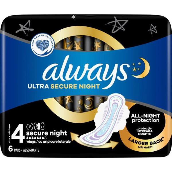 Always Ultra Secure Night podpaski 6 sztuk ze skrzydełkami 